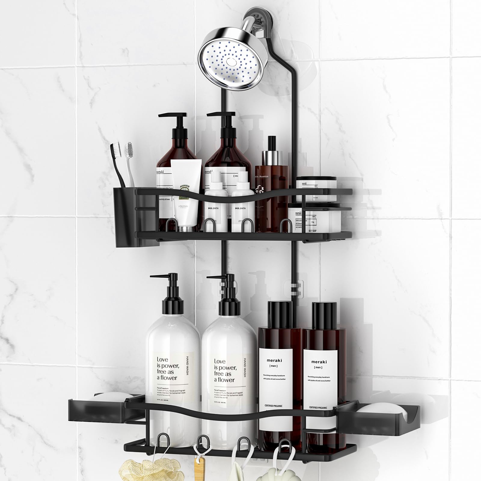 REINHARDT front view of hanging shower caddy showing organized storage benefit