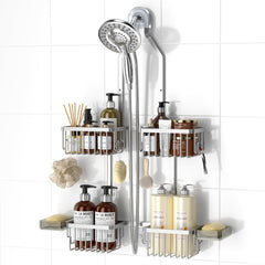REINHARDT front view of hanging shower caddy showing organized storage and durability
