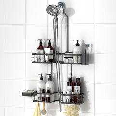 REINHARDT front view of hanging shower caddy showing neat storage and easy access