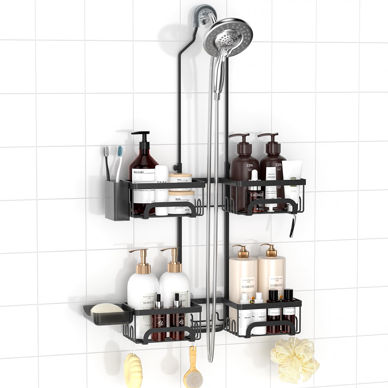 REINHARDT front view over showerhead showing organized toiletries and easy reach