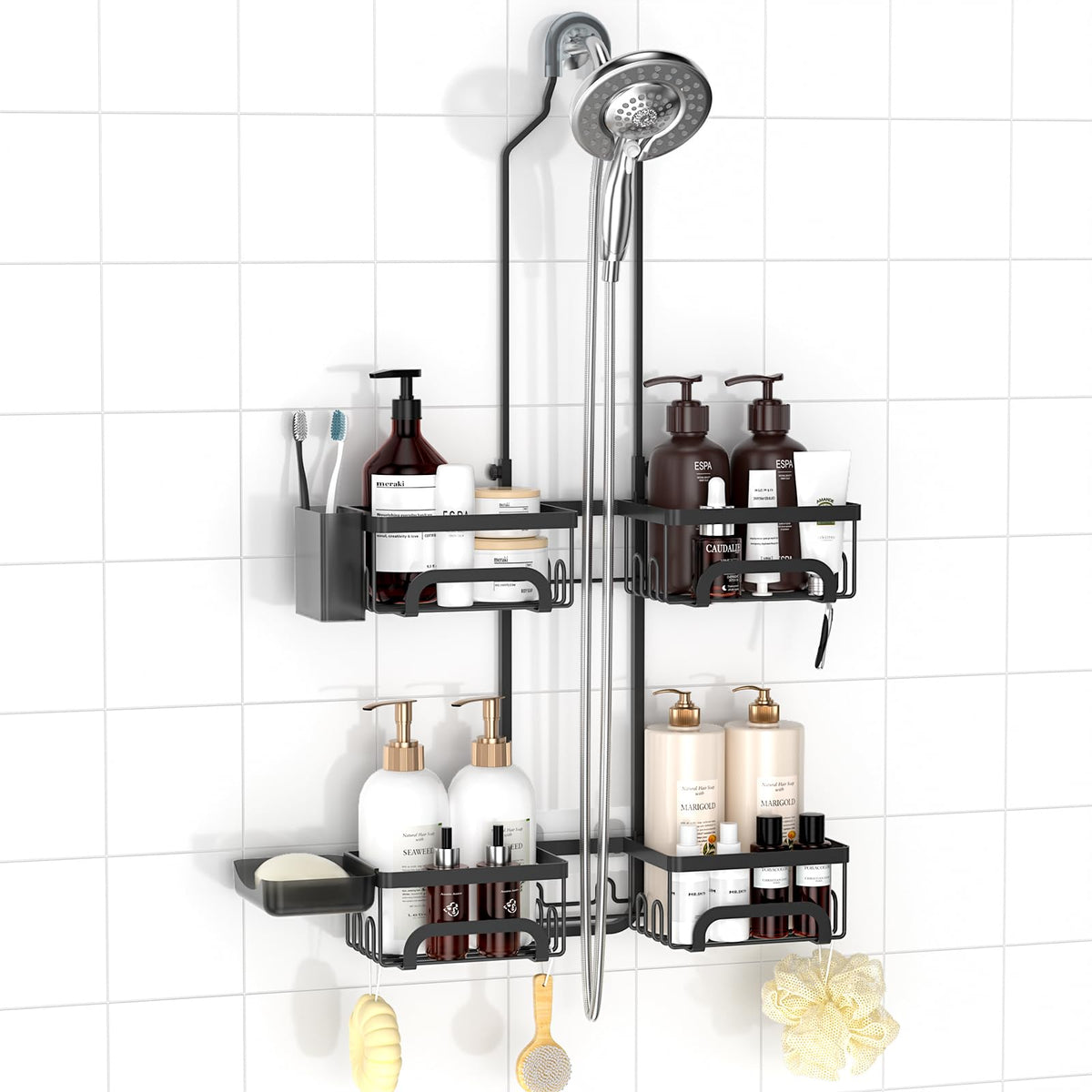 REINHARDT front view over showerhead showing organized toiletries and easy reach