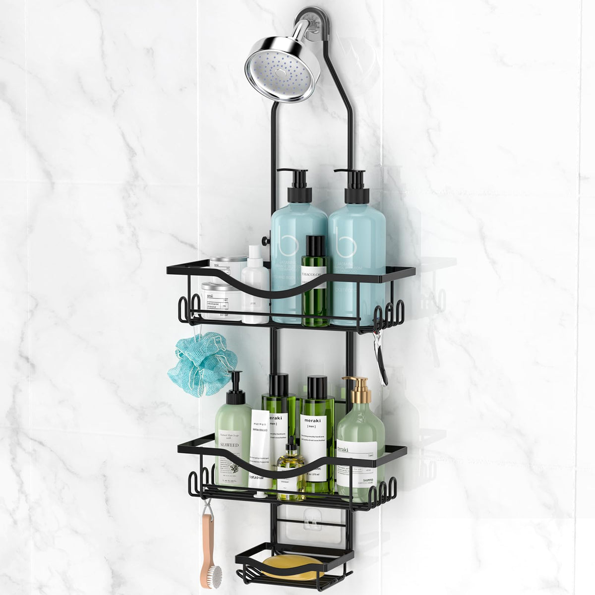 REINHARDT front view of shower caddy shows organized storage and neatness