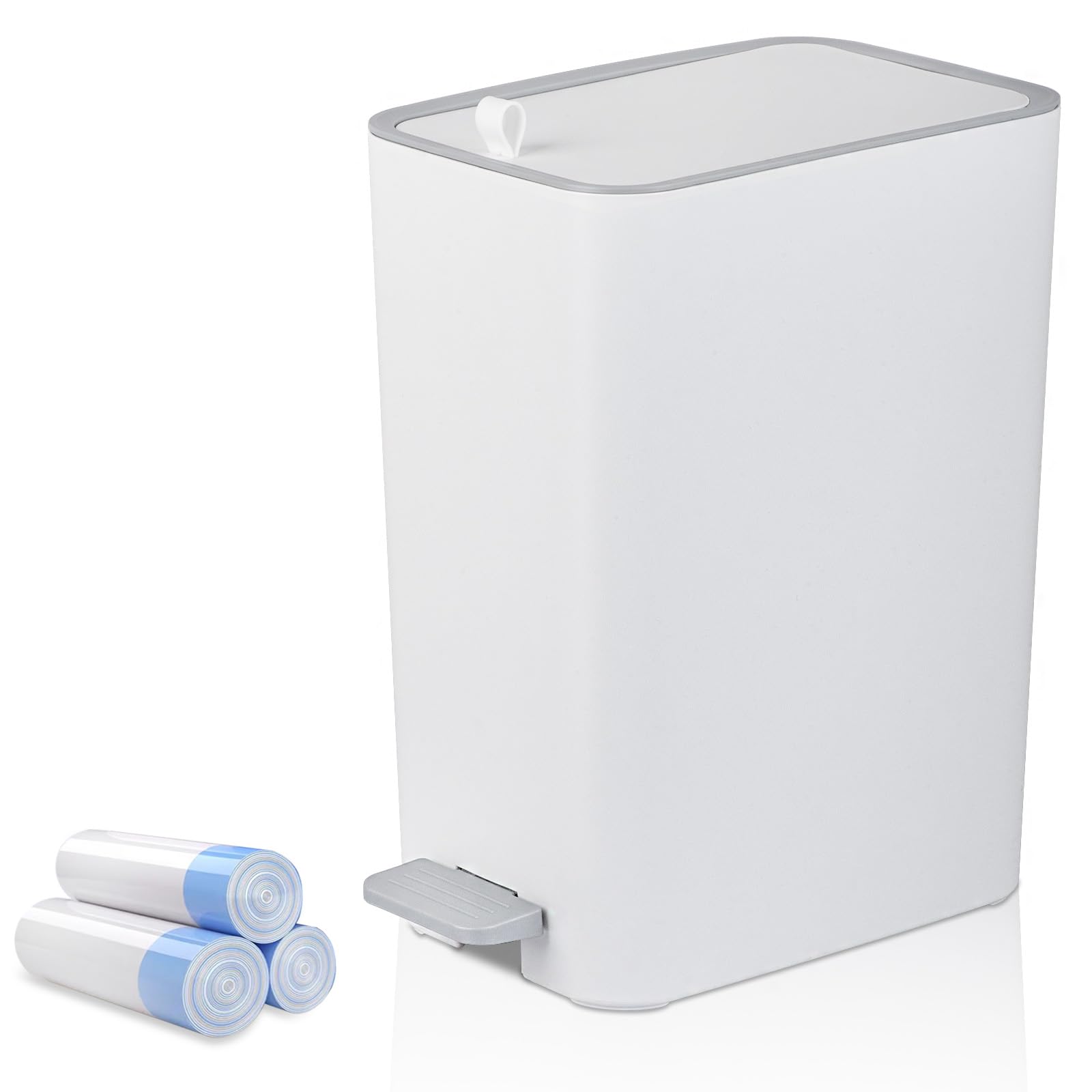 rejomiik front view of white slim trash can shows compact design benefit