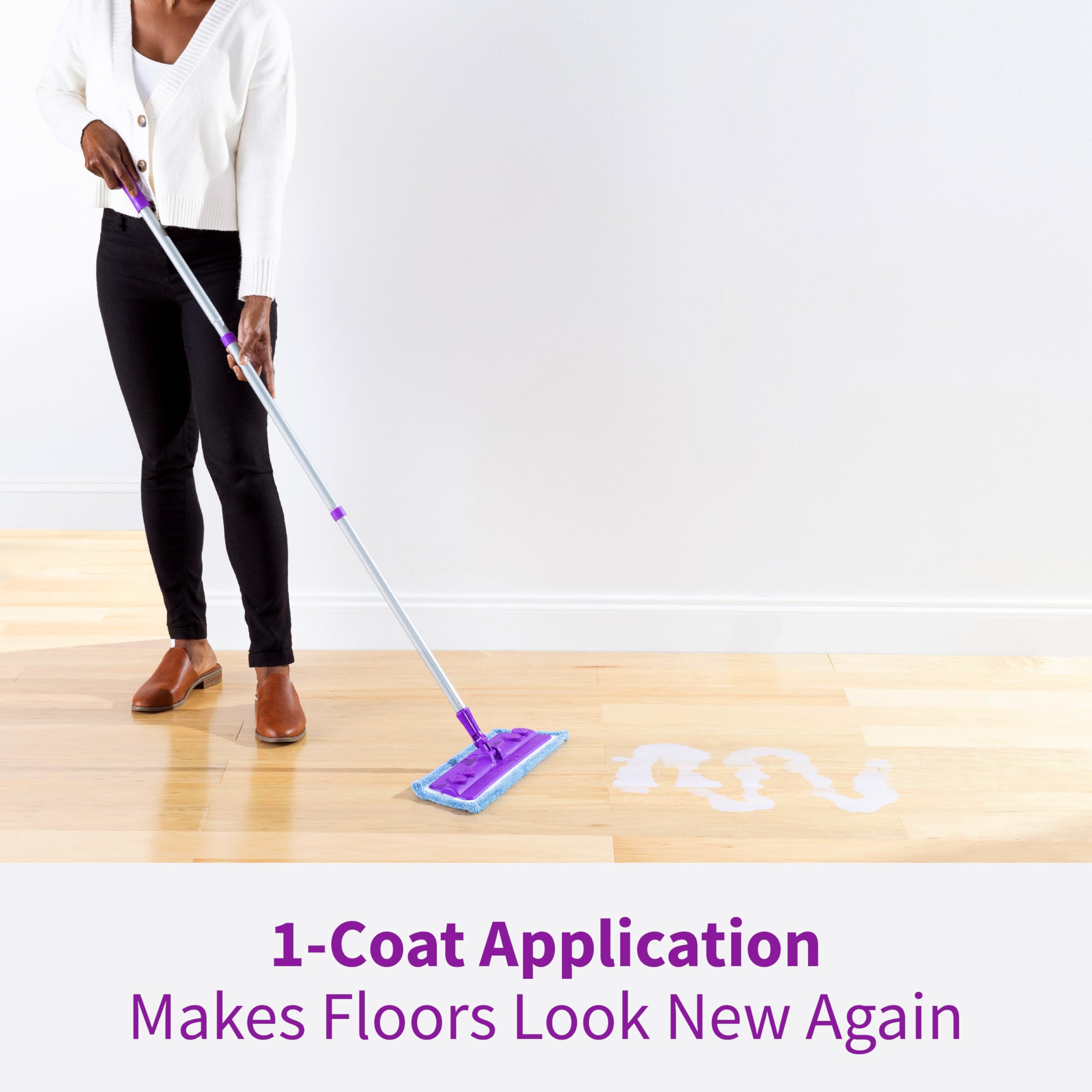 Side-by-side before and after floor shot with Rejuvenate hiding light scratches