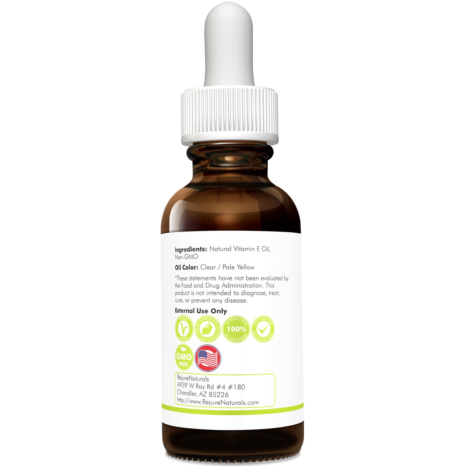 RejuveNaturals label detail emphasizing non-GMO, vegan, and cruelty-free quality