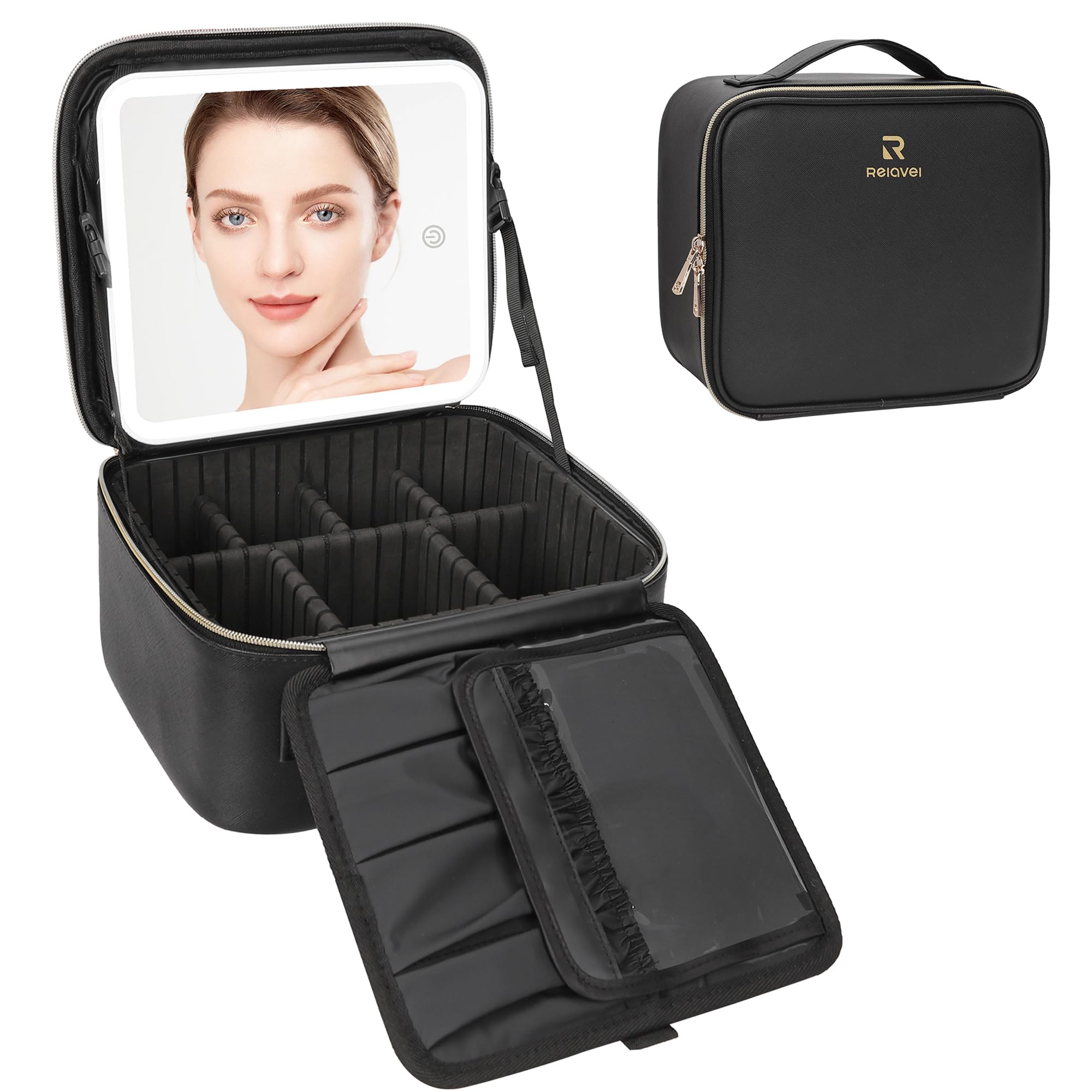Relavel on vanity with accessories showing lifestyle use and clear illuminated makeup application