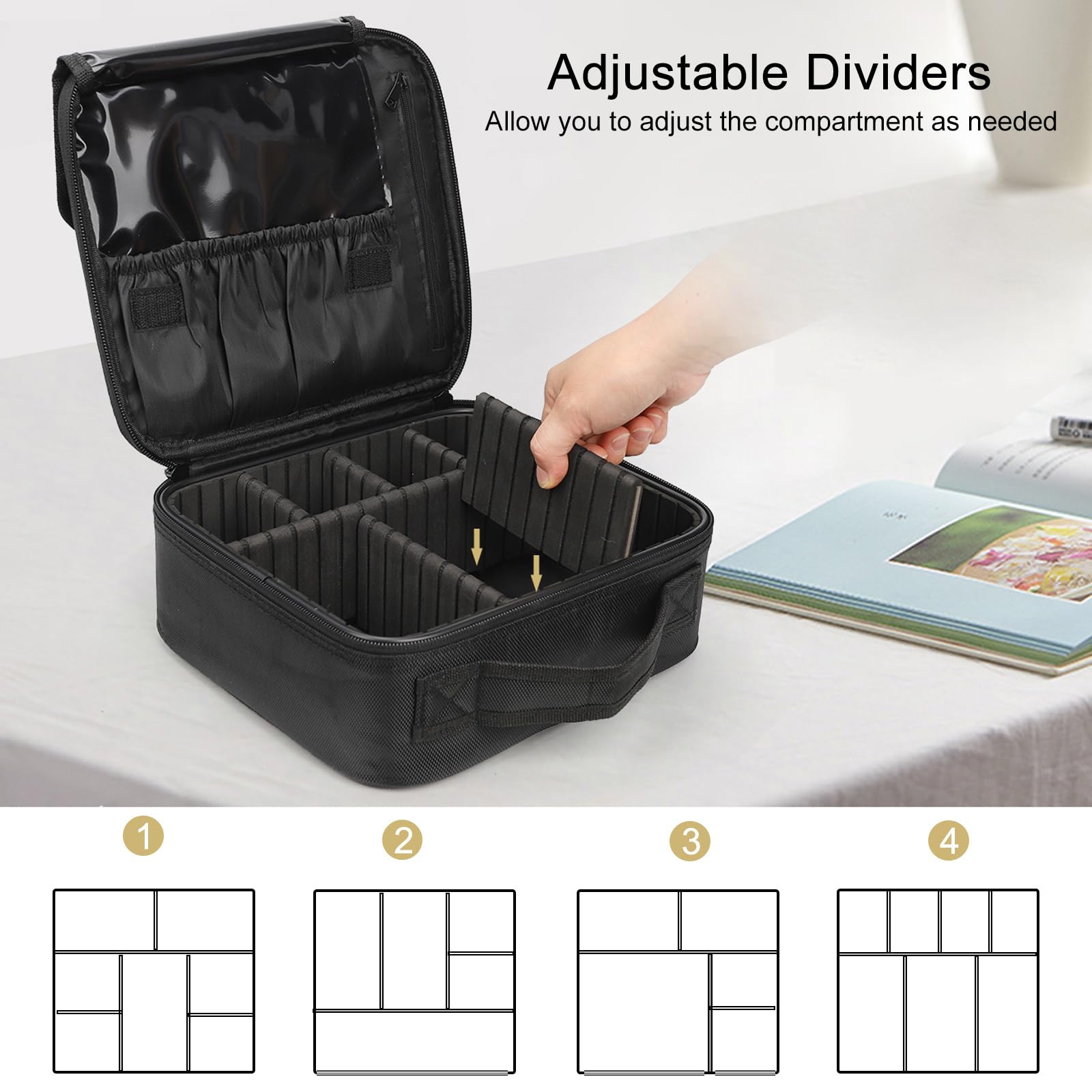 Relavel open case with adjustable dividers demonstrating organized storage