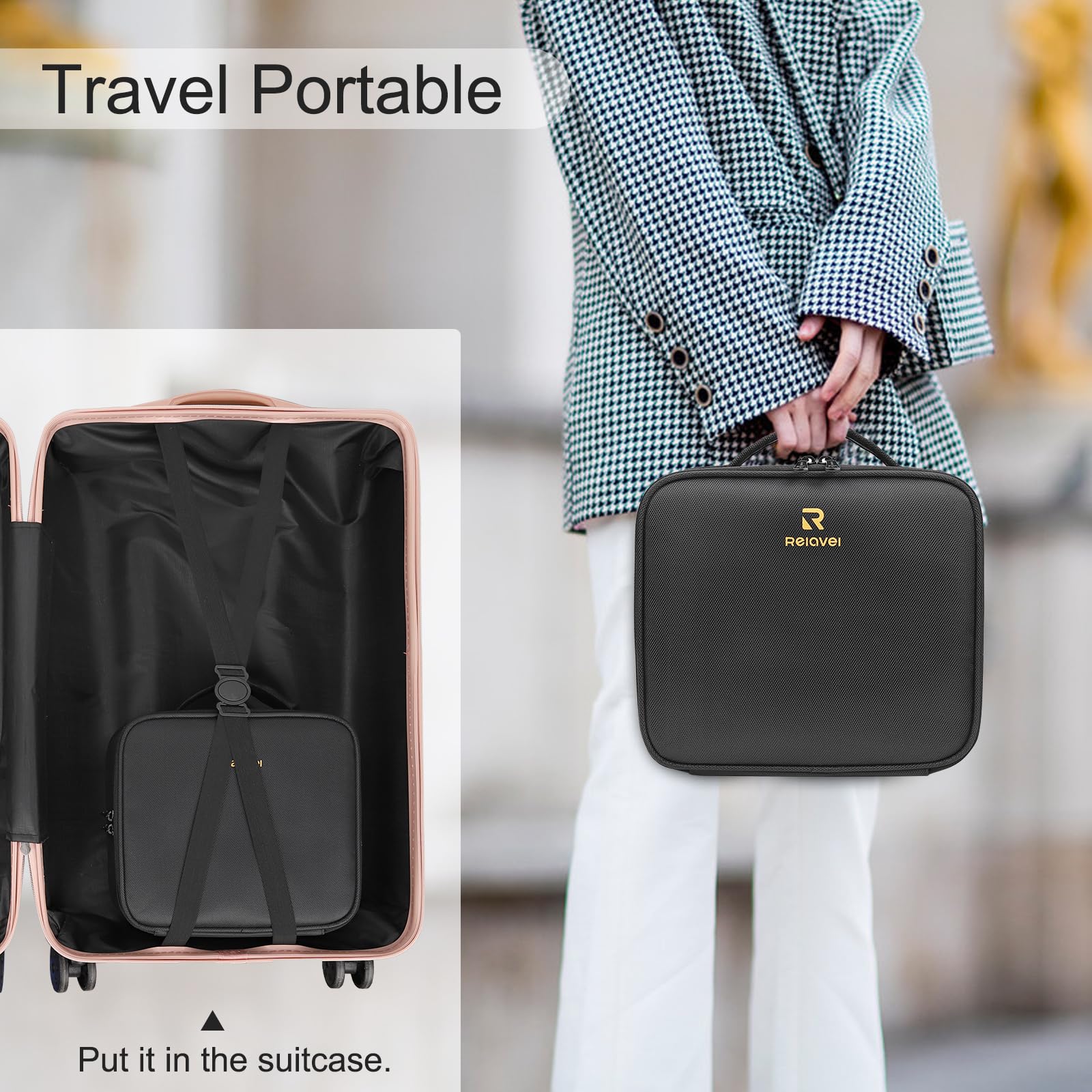 Relavel packed case with palettes and lipsticks showing efficient capacity