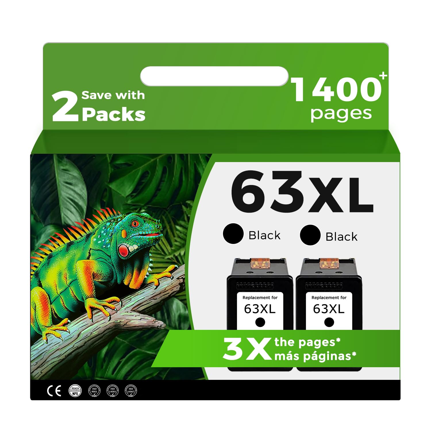 Relcolor 63XL front packaging showing two high-capacity black cartridges and labeling for quick identification and savings