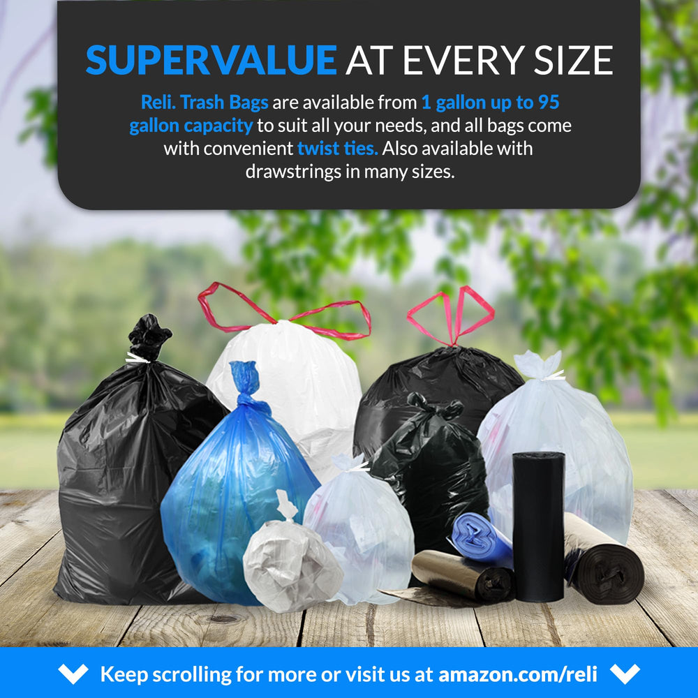 Reli bag beside standard garbage can to show scale and capacity benefit