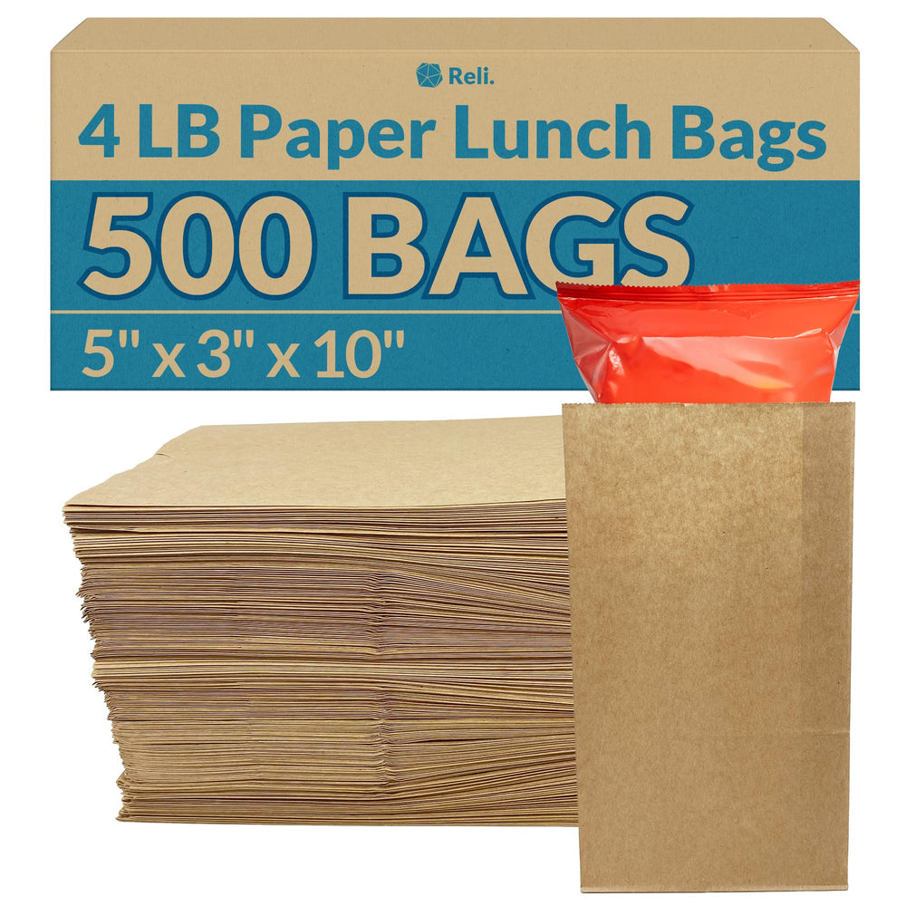 Reli. front packaging of 500 brown bags shows quantity and convenience