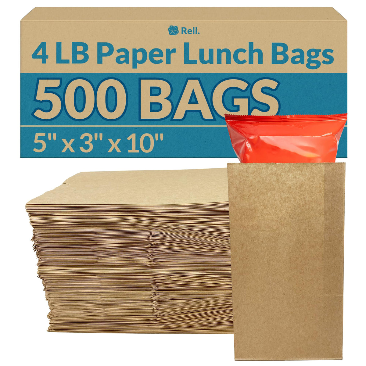Reli. front packaging of 500 brown bags shows quantity and convenience