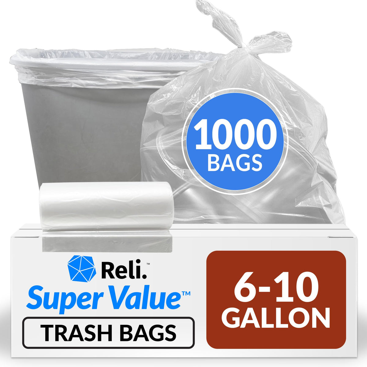 Reli clear bulk pack front view showing 1000 bags for reliable supply