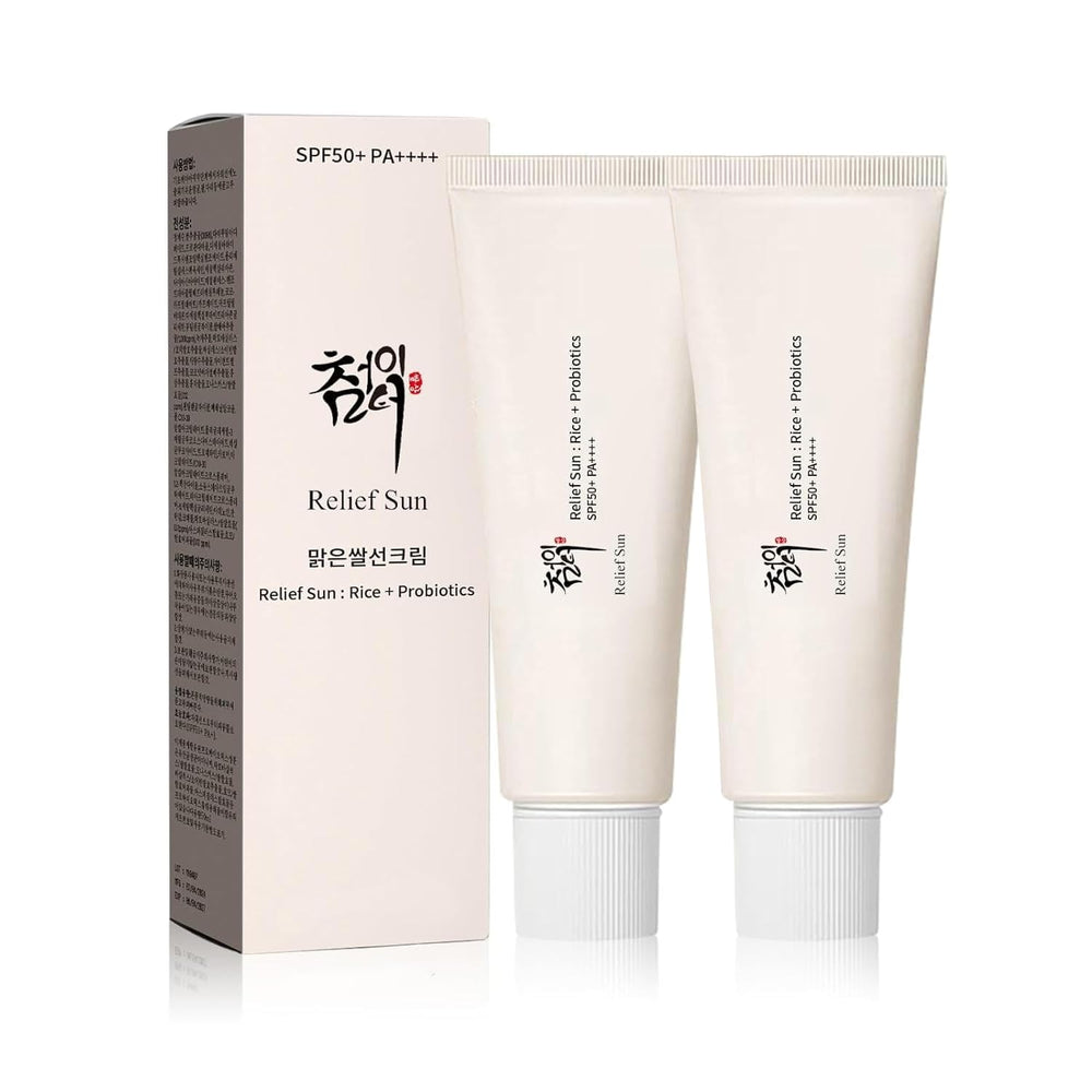 RELIEF SUN front tube showing label and travel-friendly size, protects and hydrates