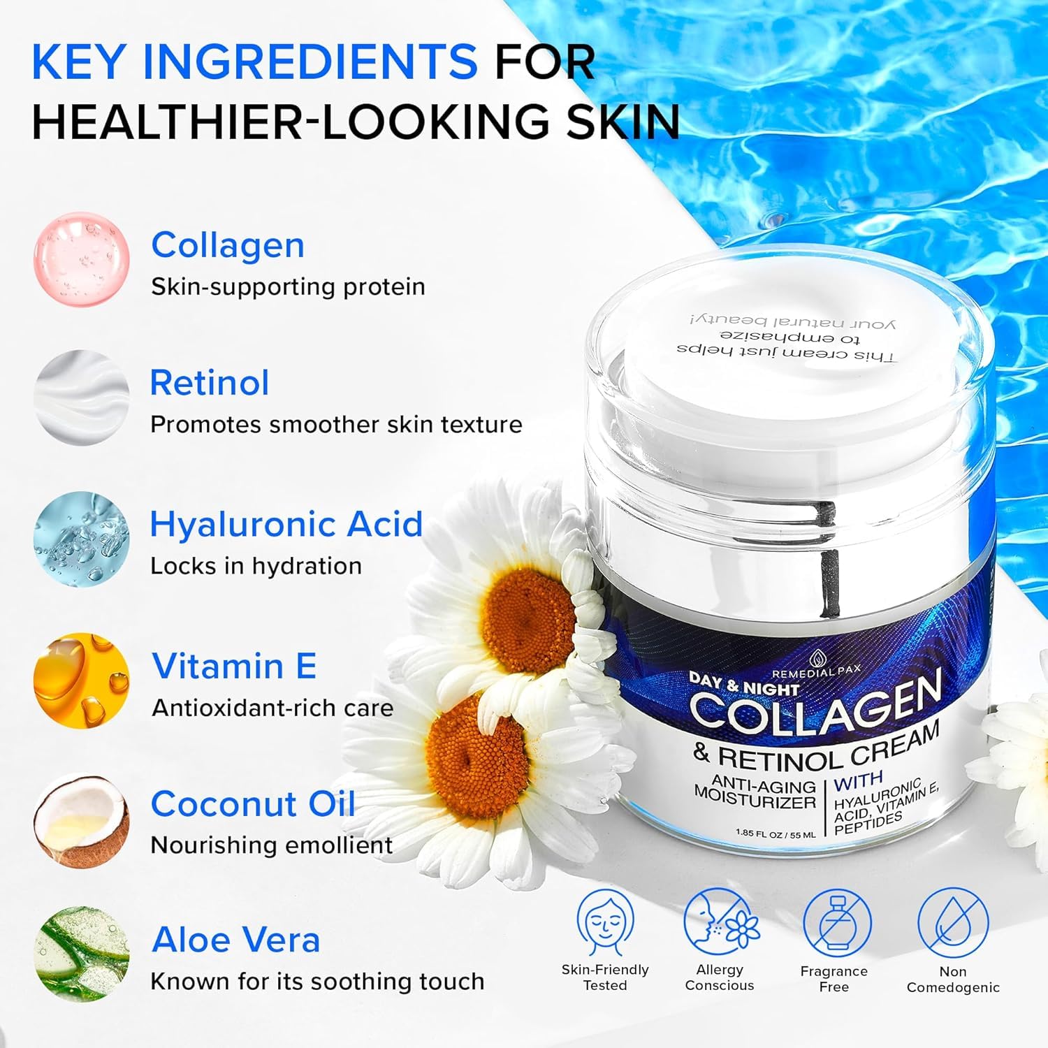 REMEDIAL PURITY label close-up highlighting retinol and hyaluronic acid for visible firming