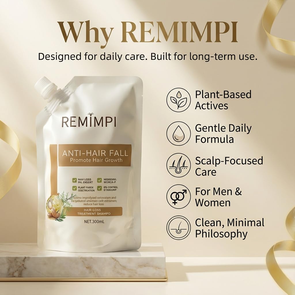 REMIMPI shampoo lather on wet hair showing cleansing and strengthening benefit