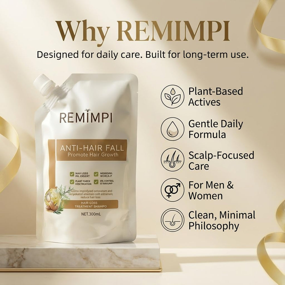 REMIMPI shampoo lather on wet hair showing cleansing and strengthening benefit