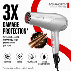 Remington hair dryer with concentrator and diffuser laid out to show included attachments and styling options