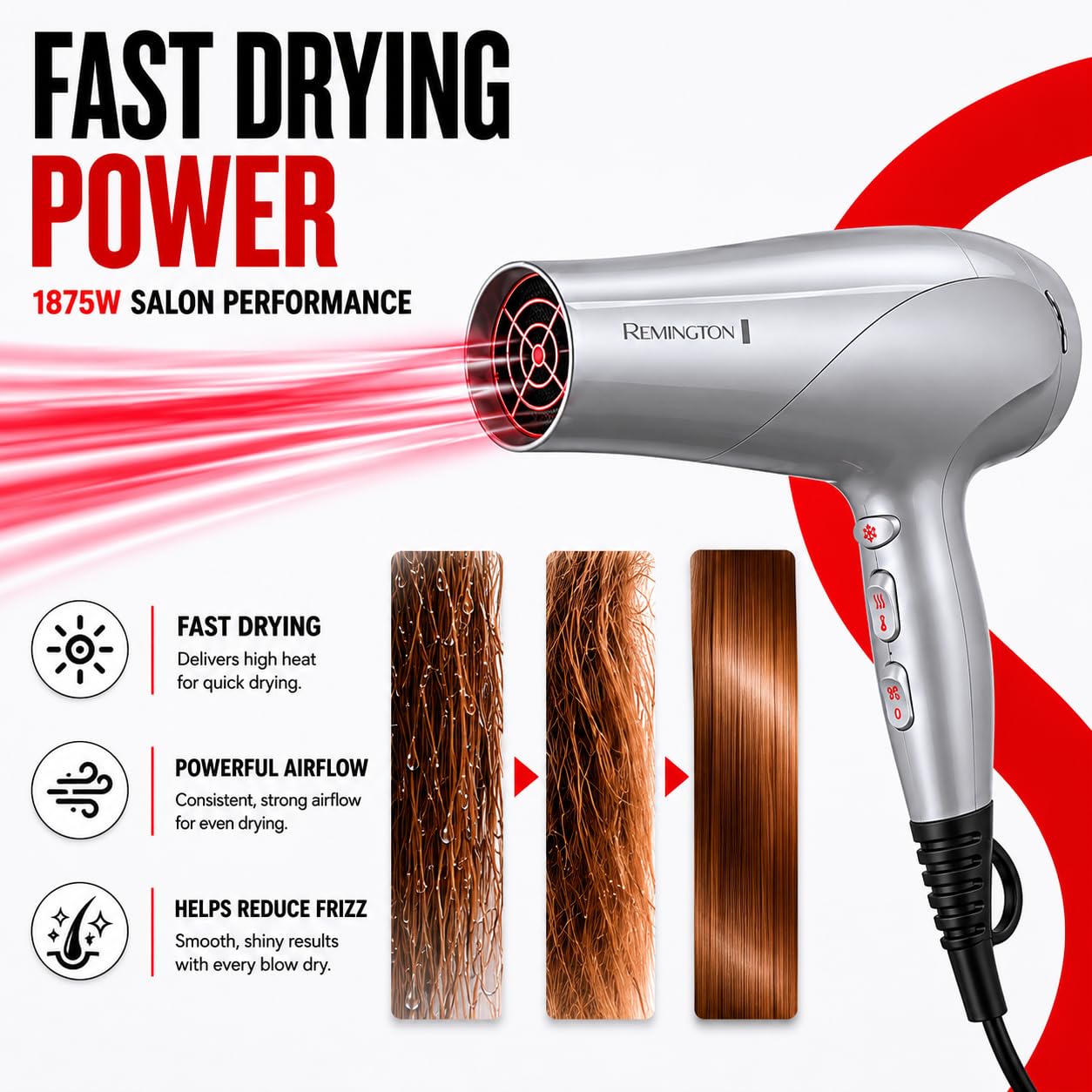 Remington dryer removable filter close-up demonstrating easy-clean design for reliable airflow and durability