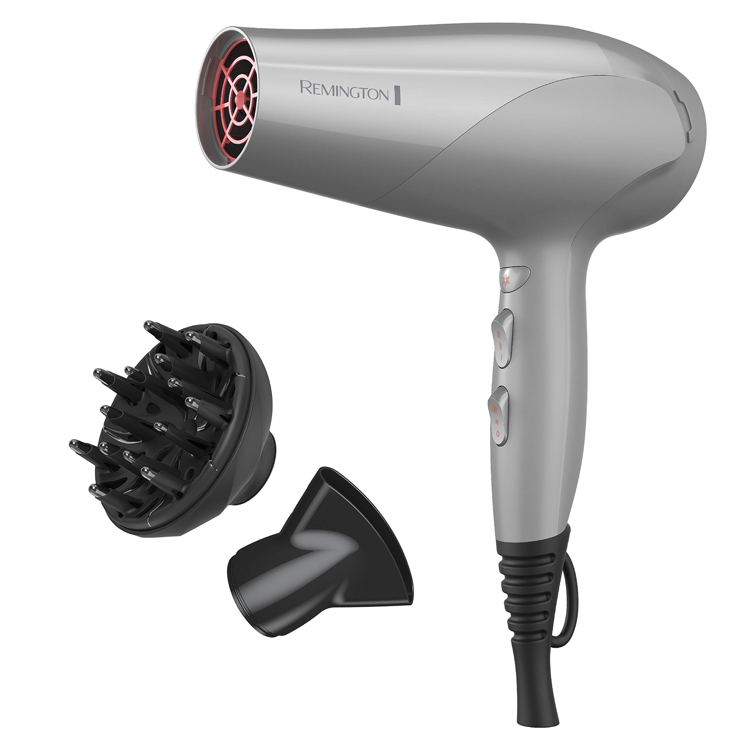 Remington damage protection hair dryer front view showing ergonomic handle and control buttons for easy styling