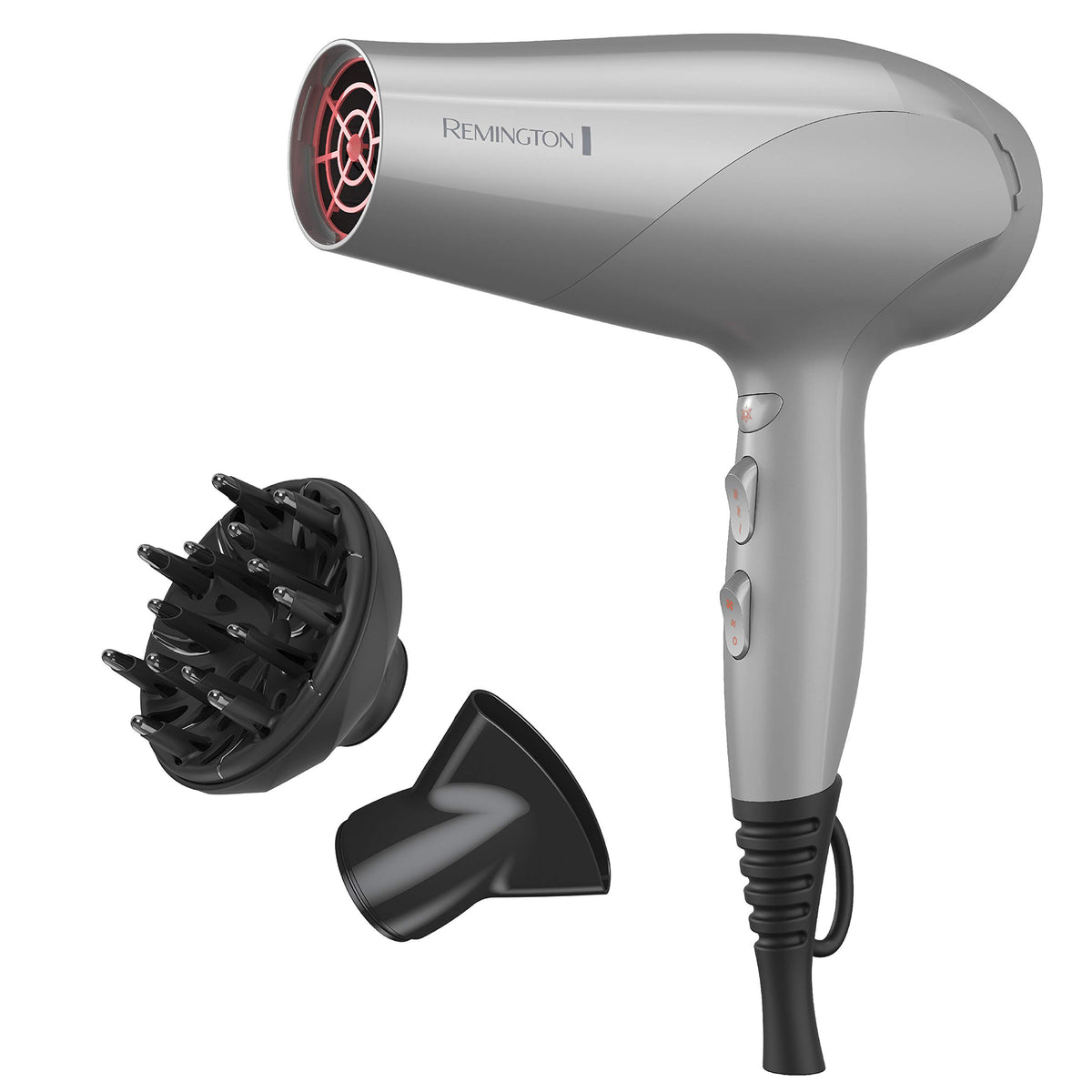 Remington damage protection hair dryer front view showing ergonomic handle and control buttons for easy styling