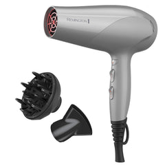 Remington damage protection hair dryer front view showing ergonomic handle and control buttons for easy styling