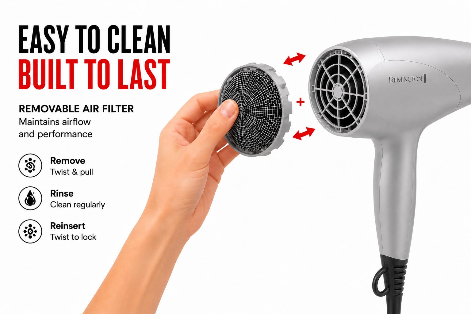 Remington hair dryer placed on bathroom counter staged to show everyday styling convenience and neat storage