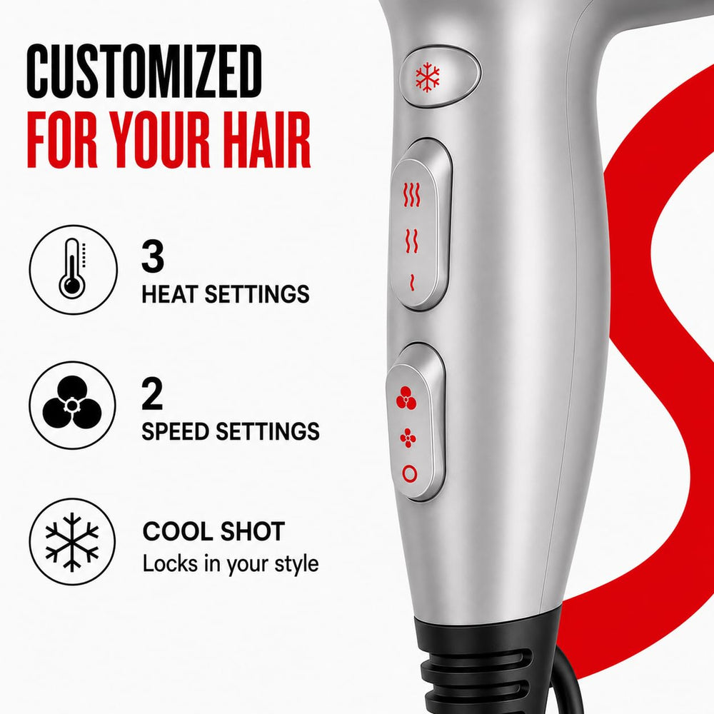 Remington hair dryer next to a ruler to show compact size and 1875W power for quick drying