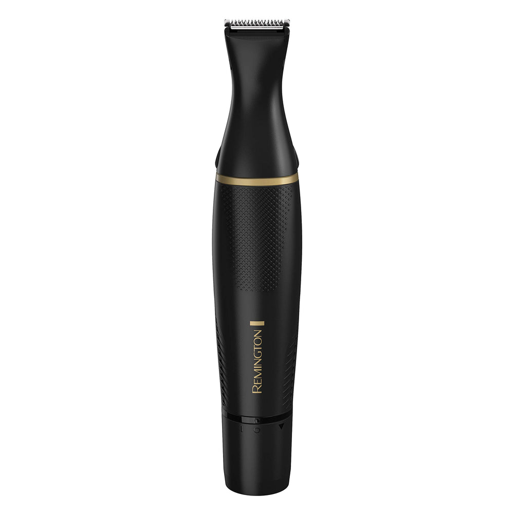 Remington kit displaying three heads and eyebrow comb for versatile styling options