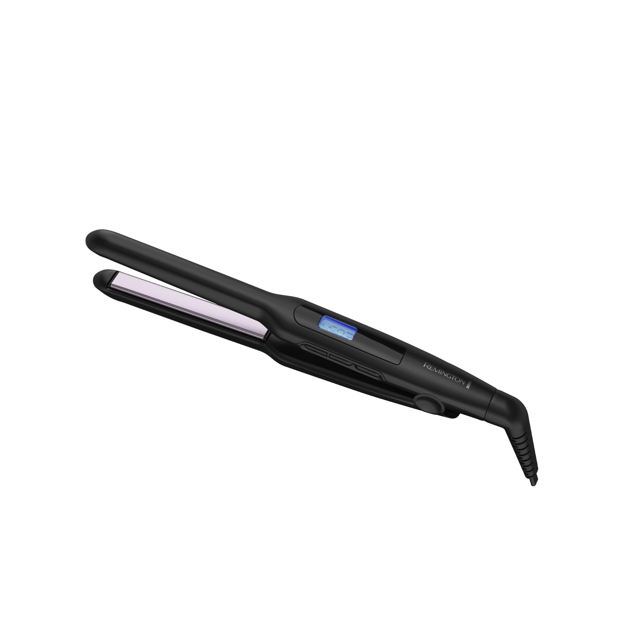 Remington flat iron front view showing slim shape and ergonomic grip for precise styling