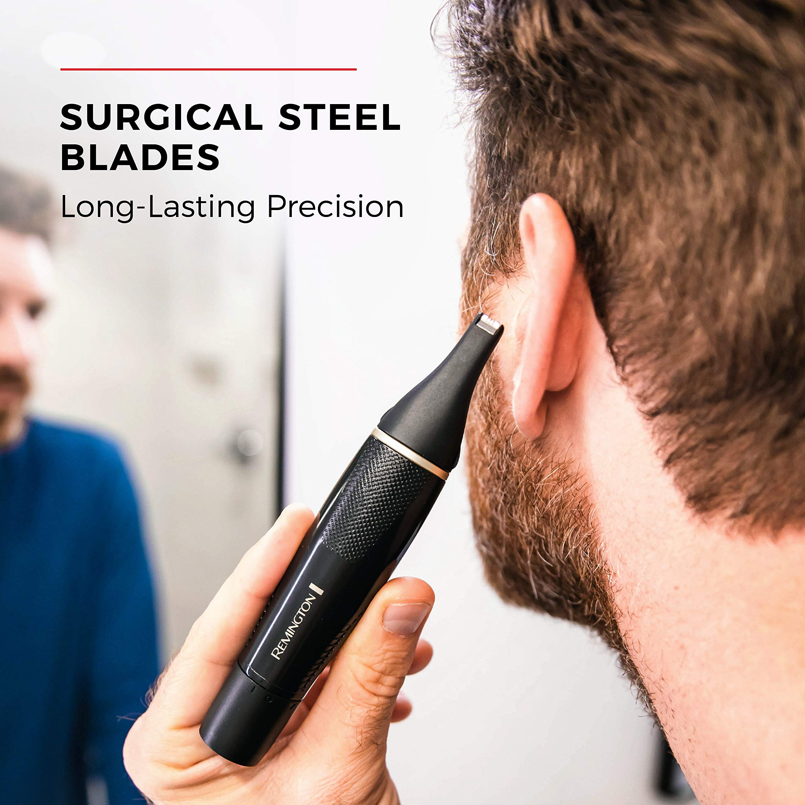 Remington nose and ear head in use demonstrating safe, precise trimming