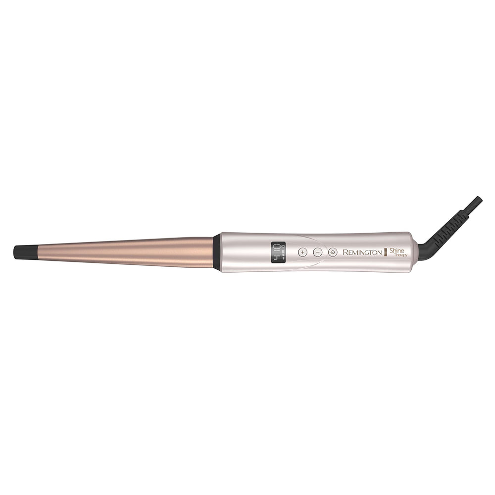 Close-up of Remington infused ceramic barrel highlighting argan oil and keratin finish for smoother curls