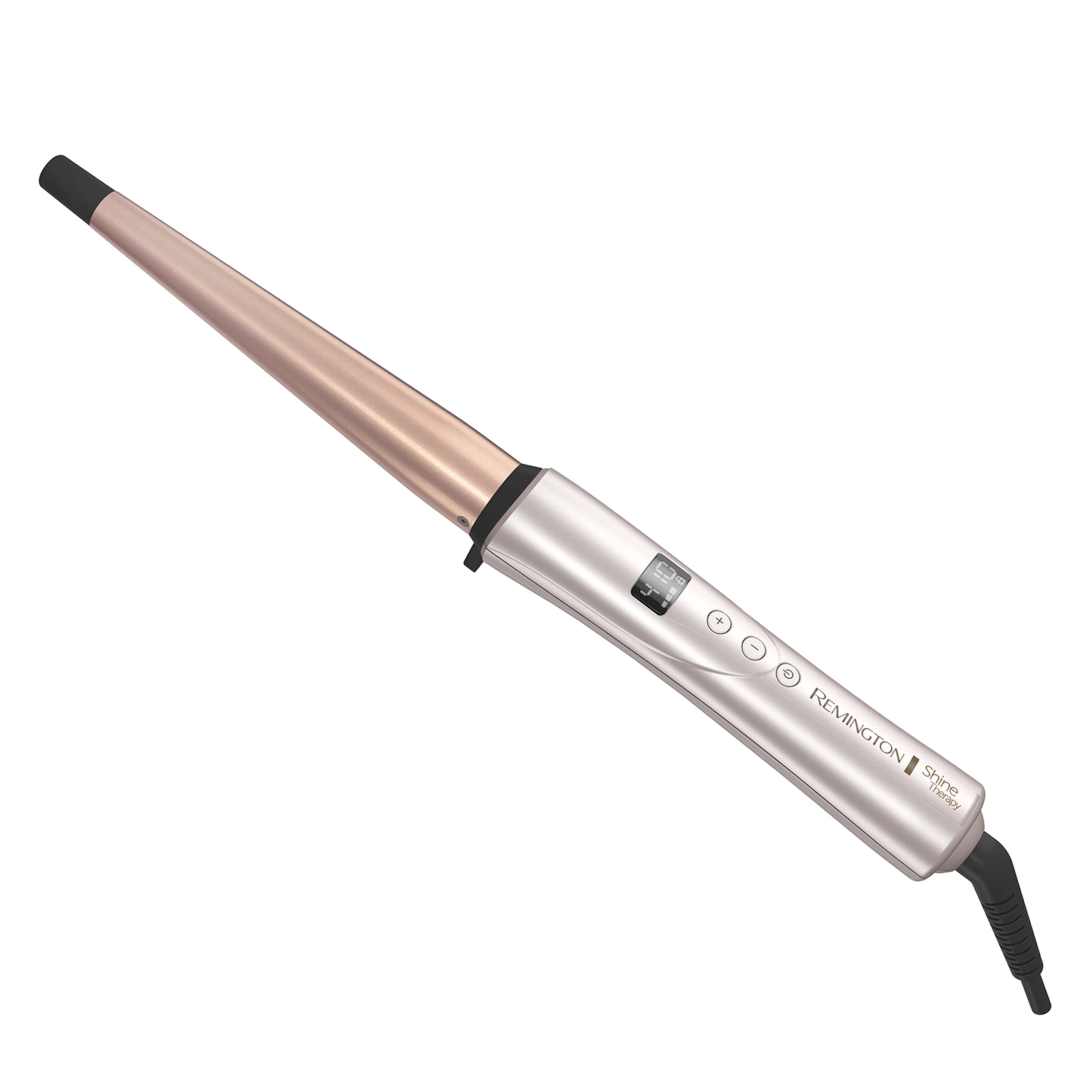 Remington curling wand front view showing tapered barrel and ergonomic grip for easy styling