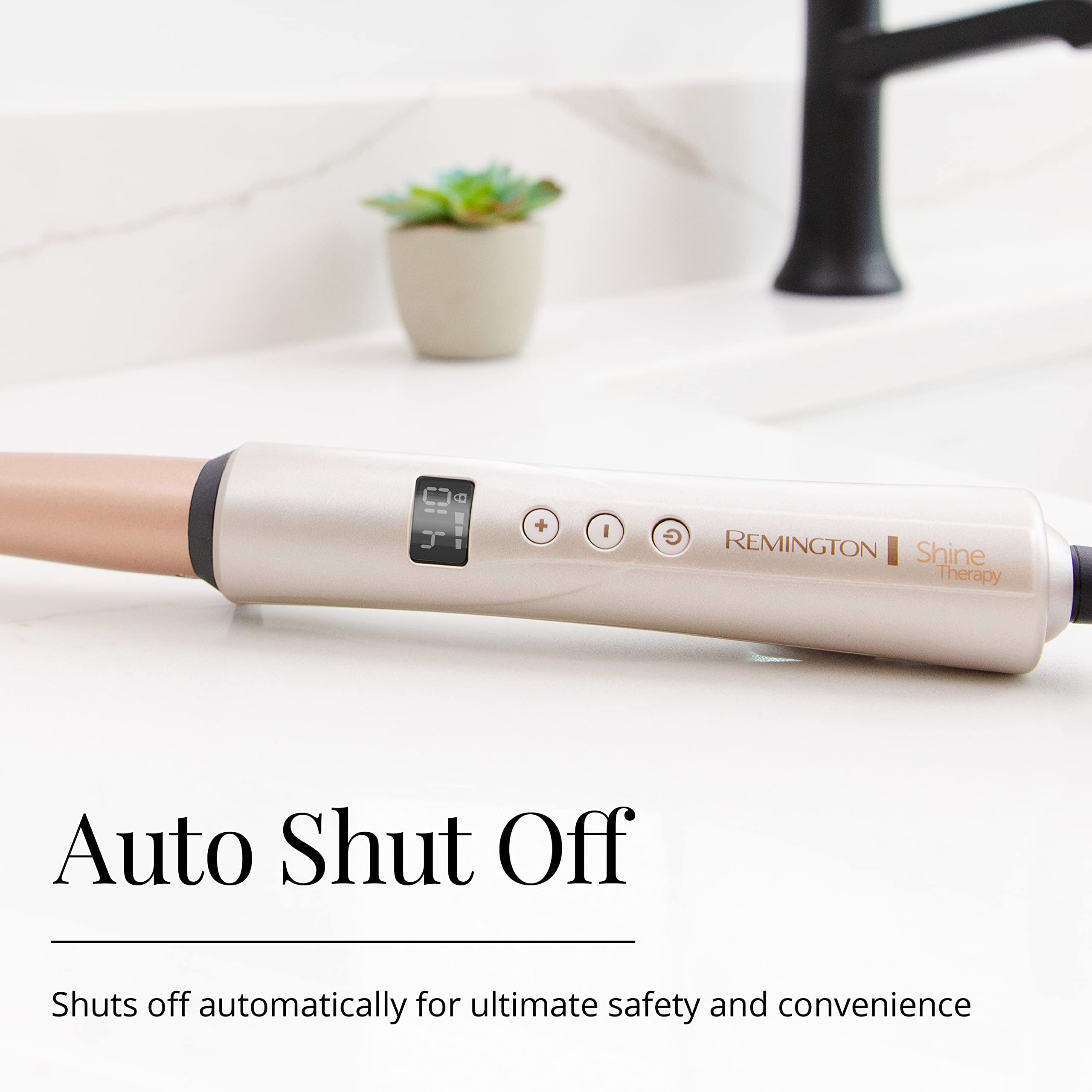 Digital temperature display on Remington wand showing 10 heat settings for tailored styling