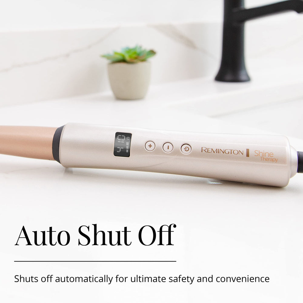 Digital temperature display on Remington wand showing 10 heat settings for tailored styling