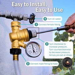 Renator regulator installed on spigot with garden hose attached, ensures safe campsite hookups