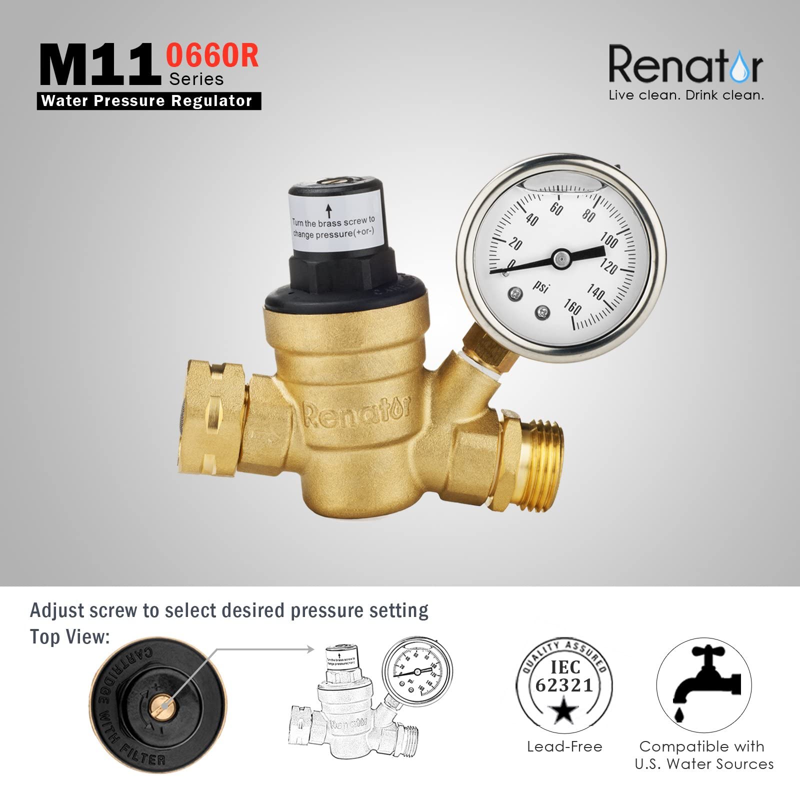 Renator regulator connected to RV at campsite, provides steady water pressure for appliances