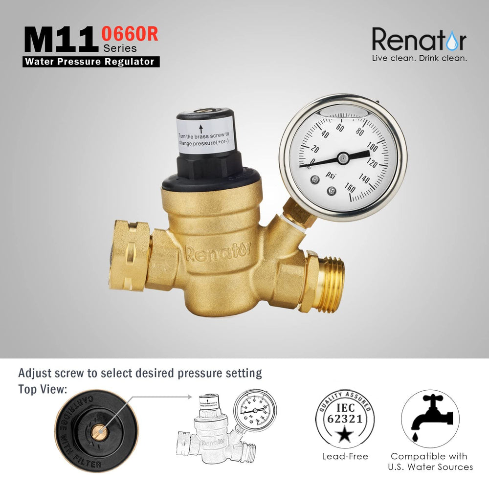 Renator regulator connected to RV at campsite, provides steady water pressure for appliances