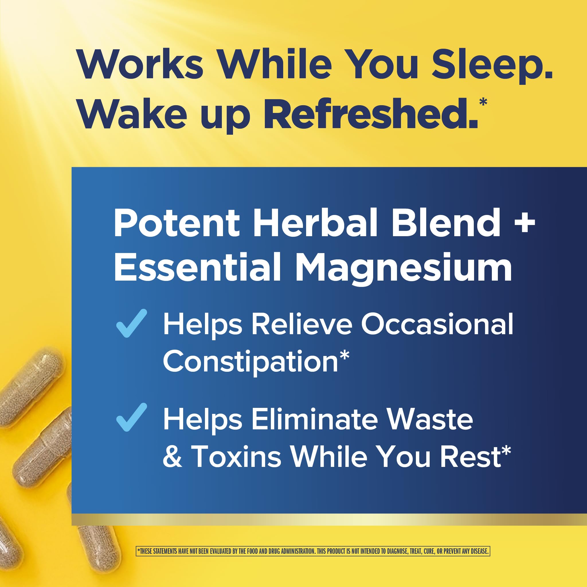 Renew Life capsules spread on surface illustrating easy two-capsule nighttime routine
