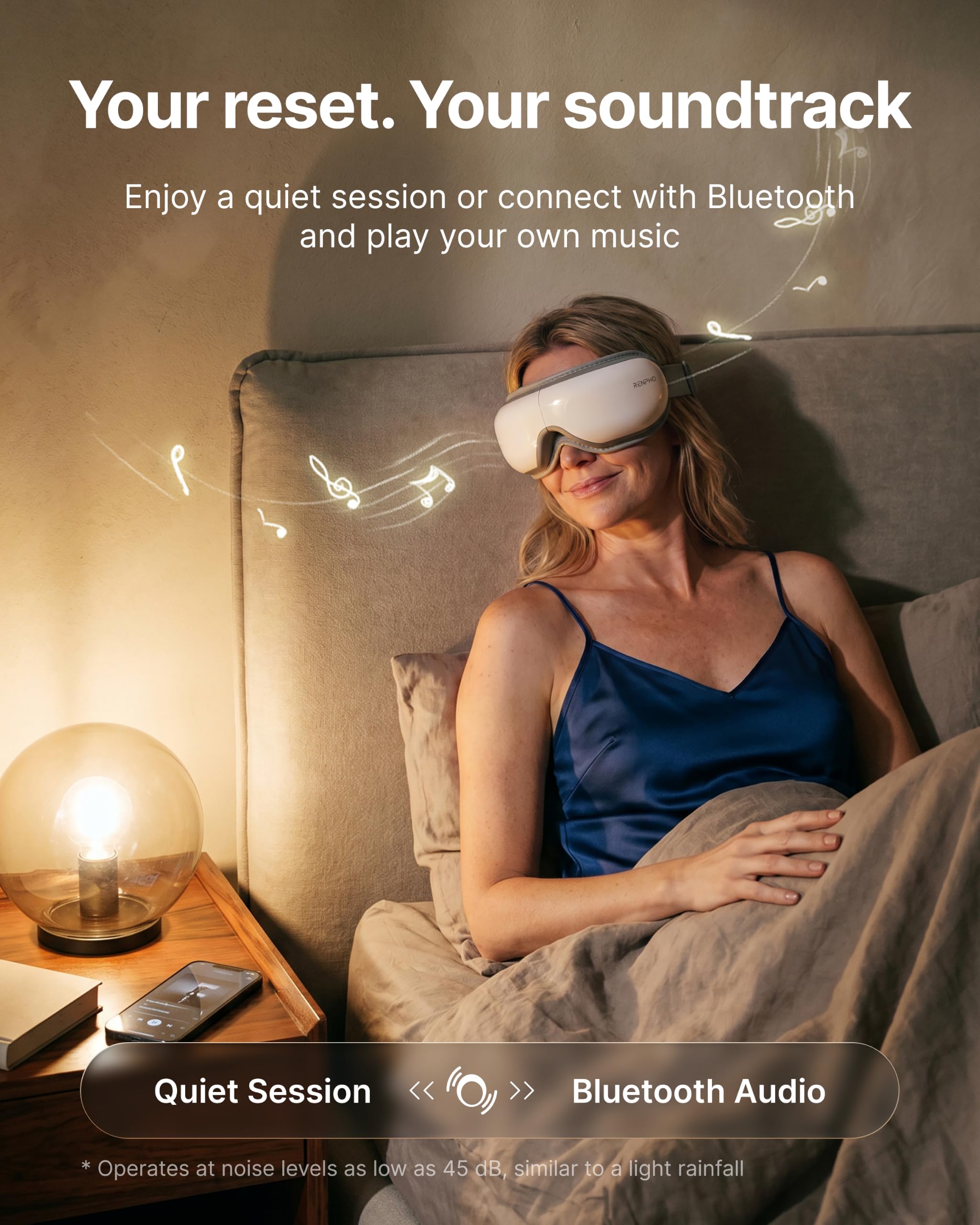 RENPHO Eyeris 1 worn on model relaxing with Bluetooth audio for stress relief