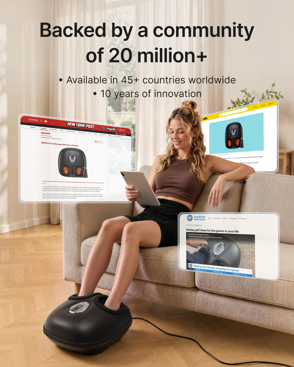 RENPHO heater indicator glowing to show built-in warmth for soothing foot comfort