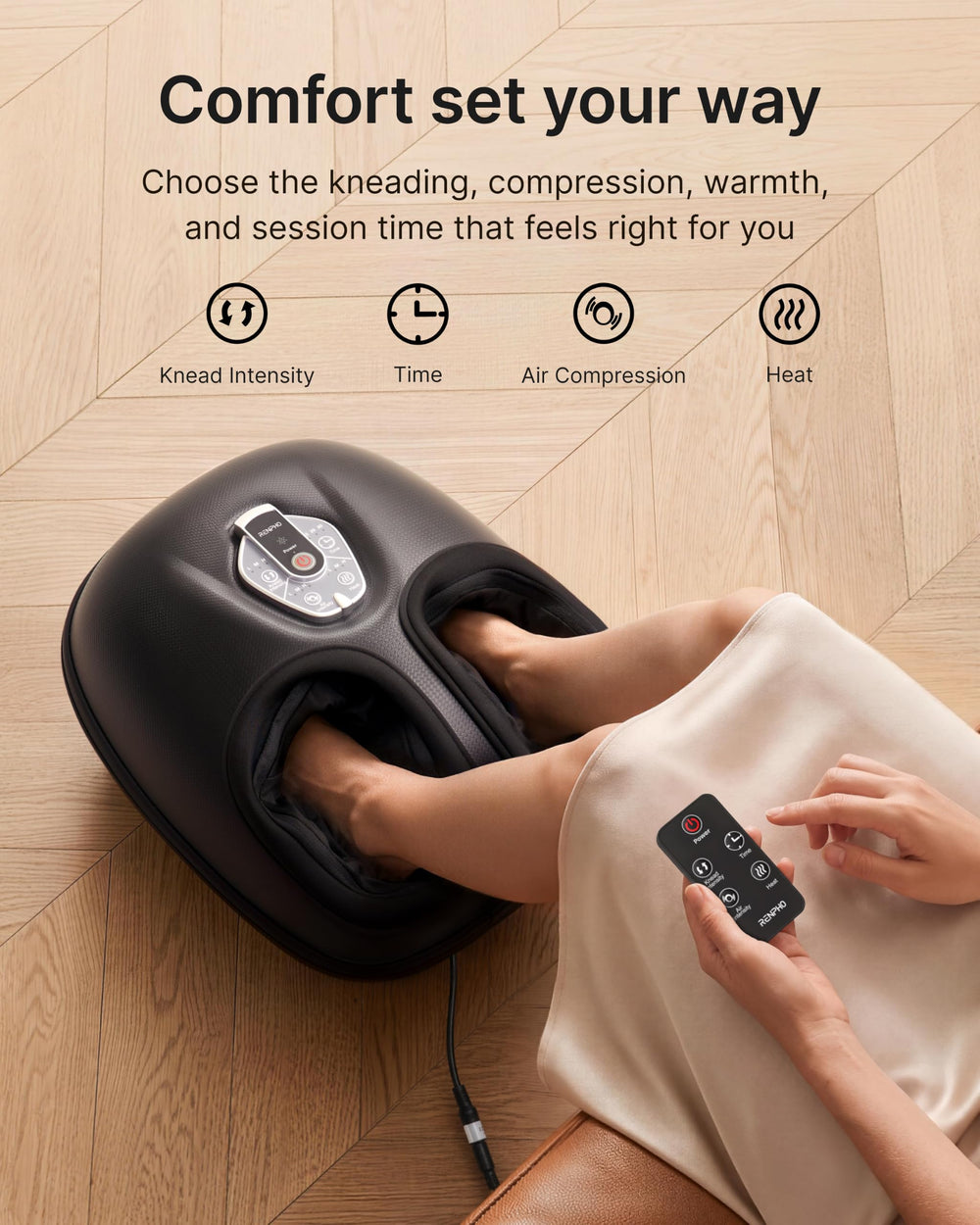 RENPHO massager in a living room setting demonstrating at-home relaxation use