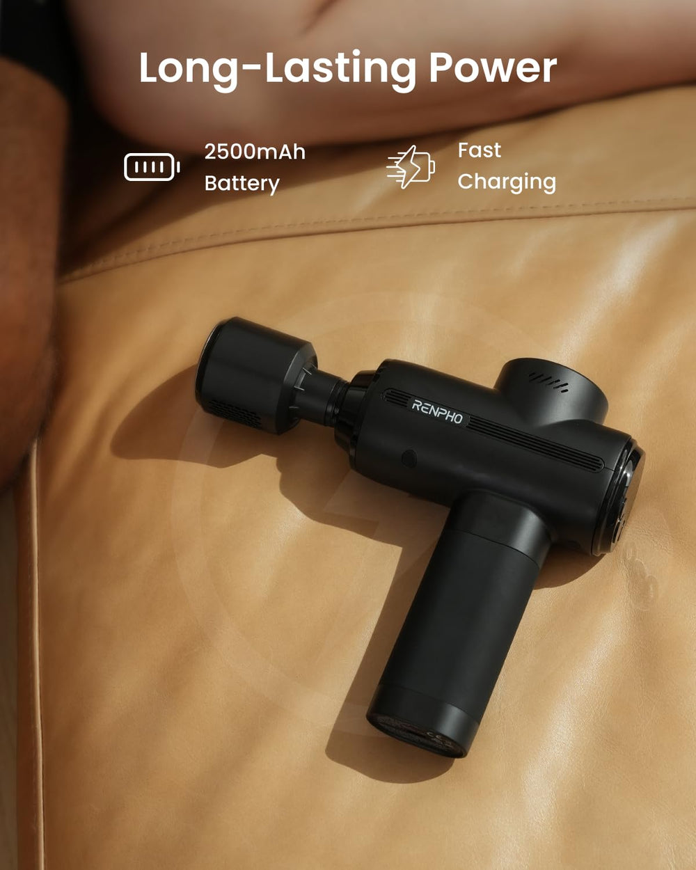 RENPHO Active Thermacool 2 battery and charging port view showing long runtime and easy recharging