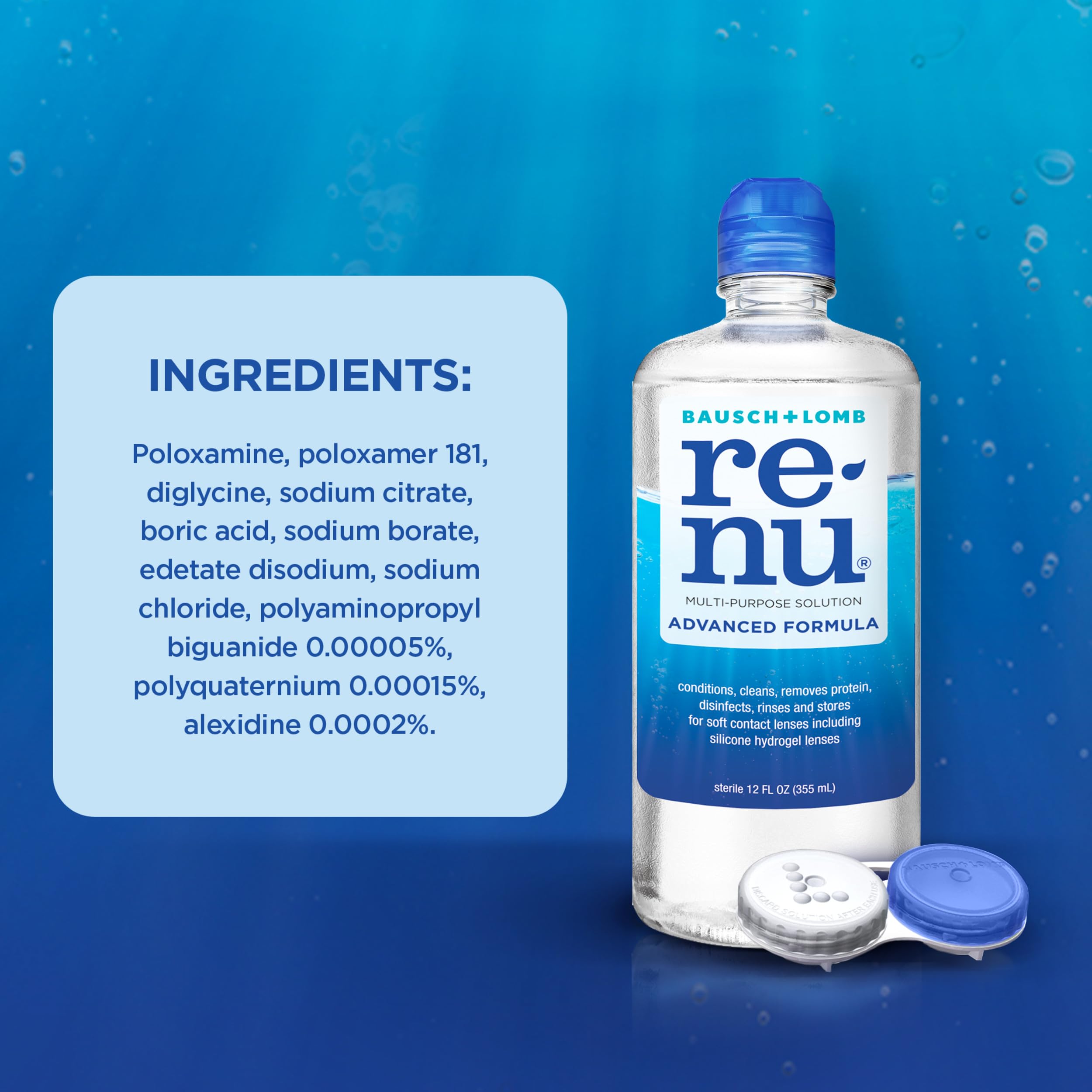 Renu bottles placed on bathroom counter in a daily routine setting for convenience