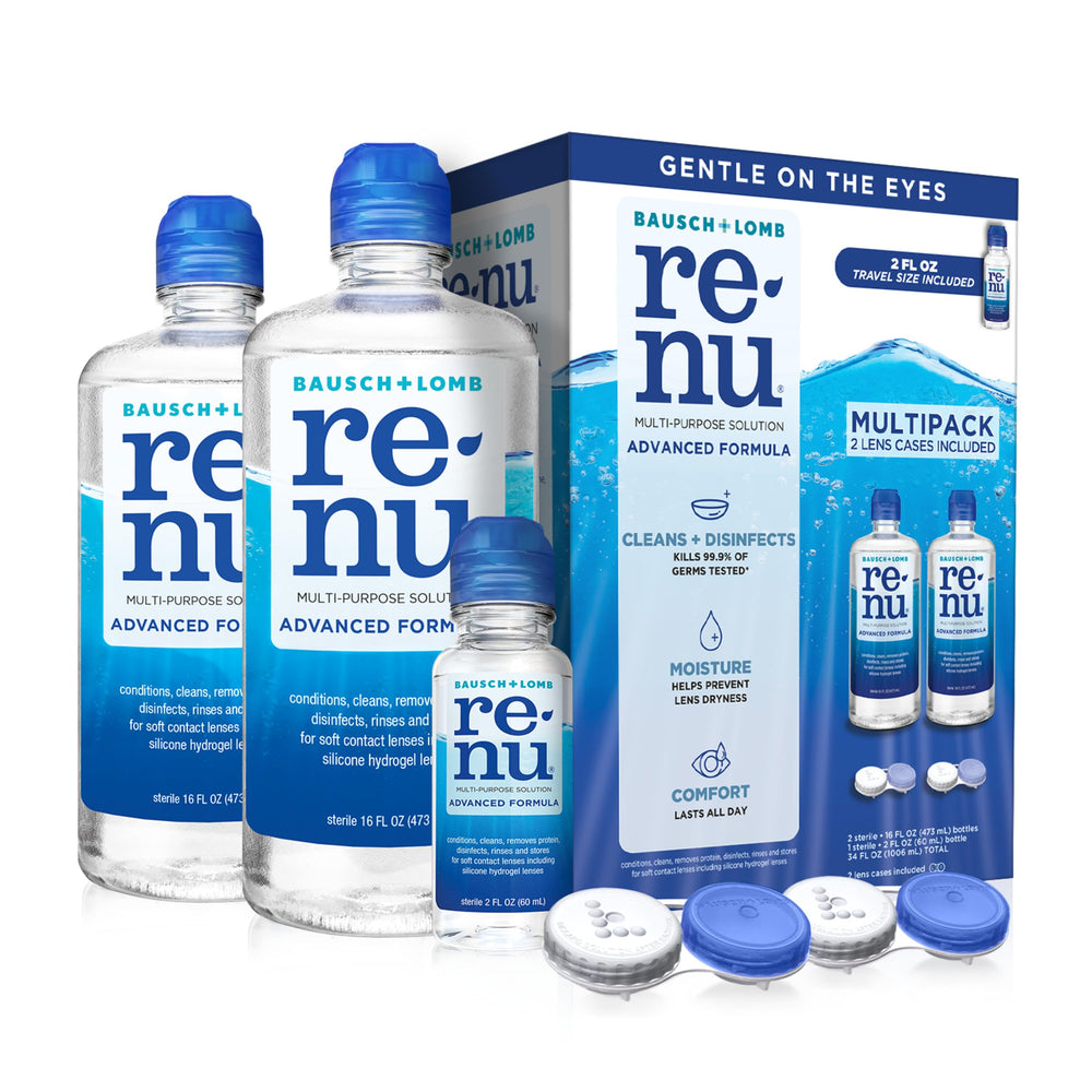 Renu front packaging showing two 16 oz bottles and included cases for convenient supply