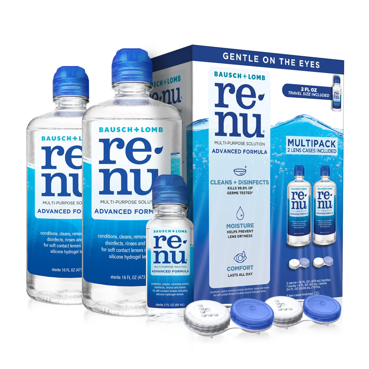 Renu front packaging showing two 16 oz bottles and included cases for convenient supply