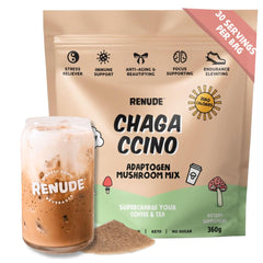 Renude Chagaccino front packaging showing 30 single‑serve packets and branding benefits