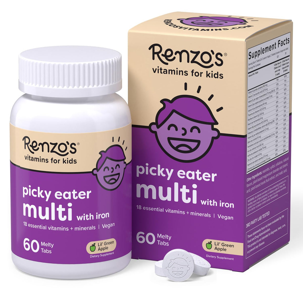 Renzo's bottle front view showing label and 60-count benefit