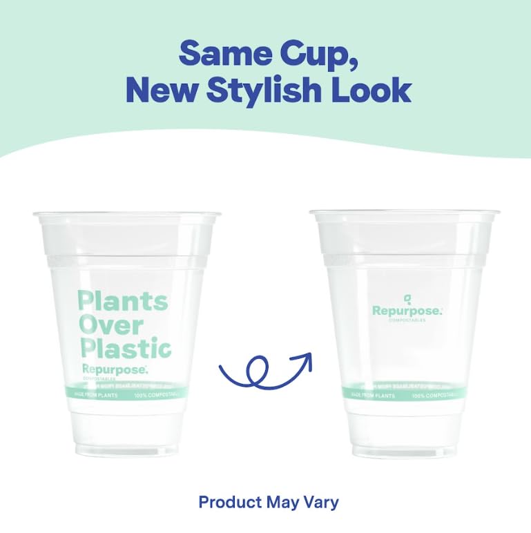 Repurpose Compostables cup beside a soda can illustrating 16oz size clarity