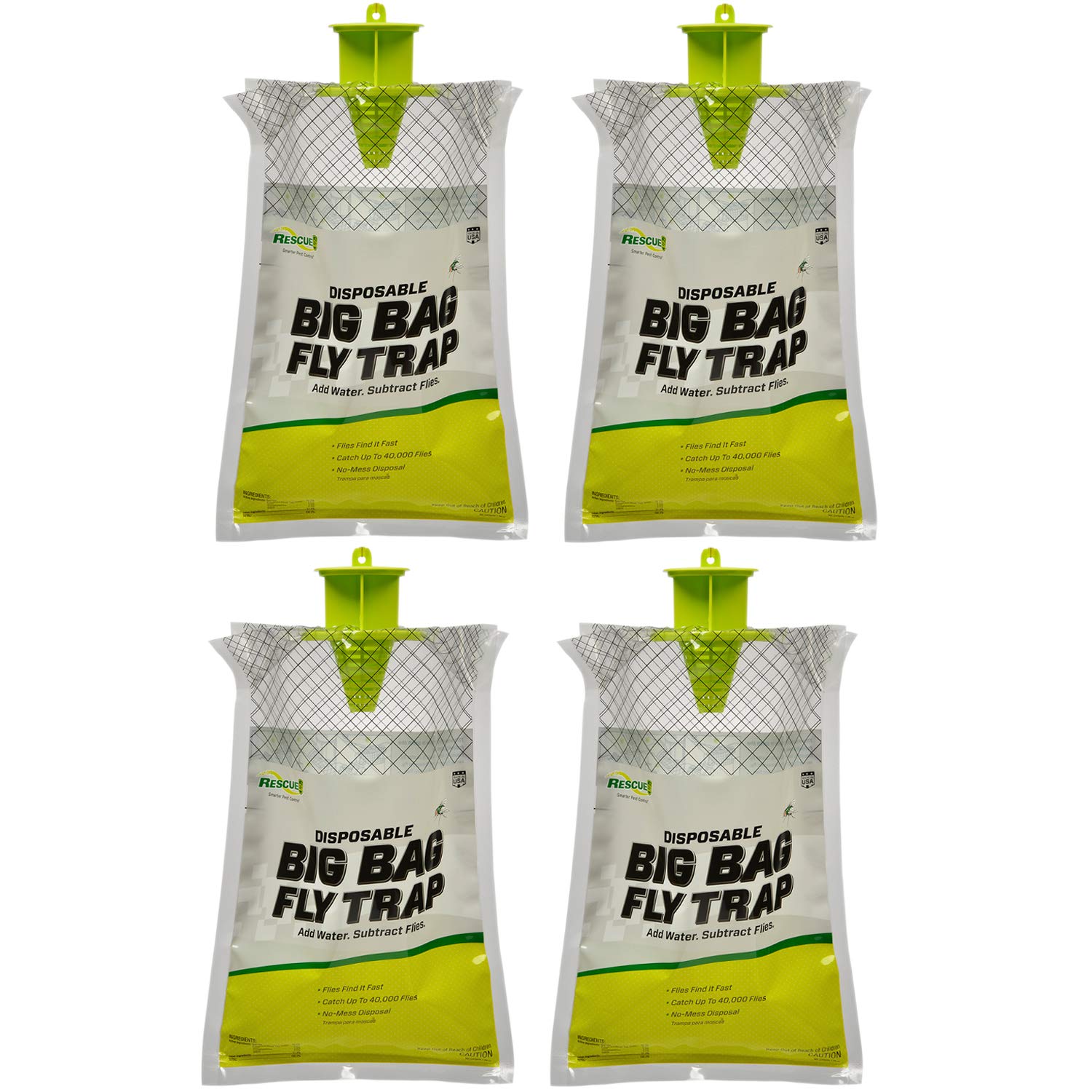 RESCUE! front packaging showing four disposable big bag fly traps and benefits